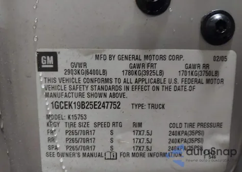 2005 Chevrolet Silverado 1500 Z71 z USA, uszkodzony, nr VIN 1GCEK19B25E247752